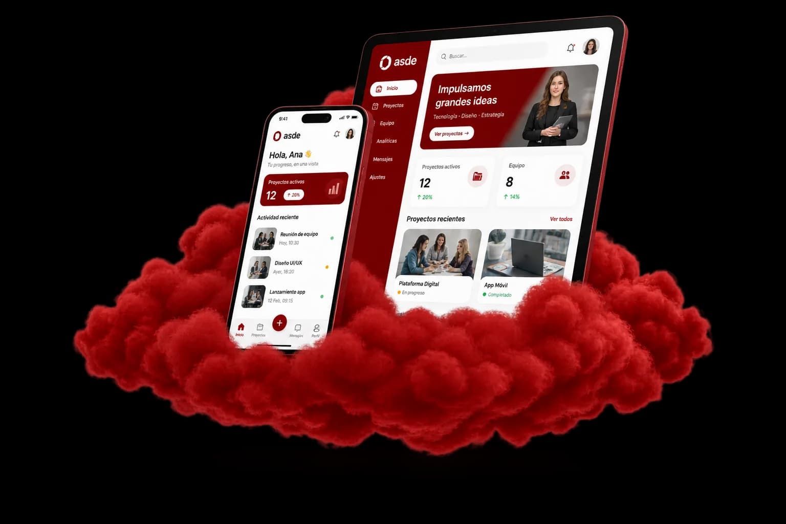 Ilustración de una tablet y un móvil mostrando una app sobre una nube en el color de marca