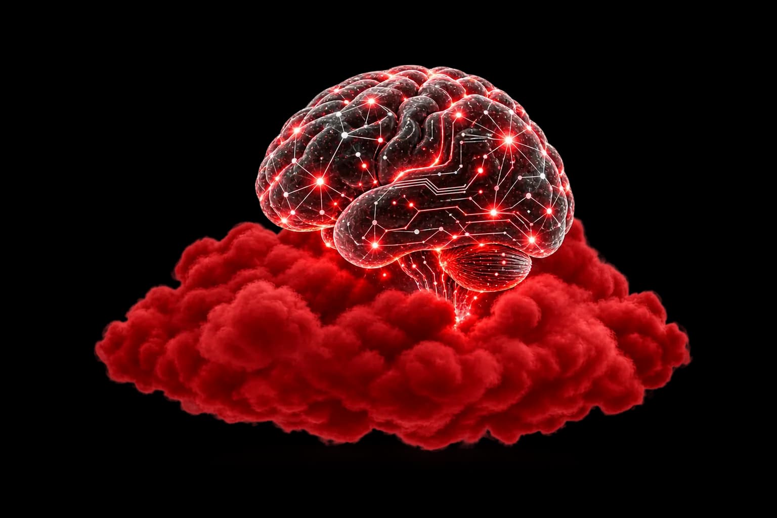 Ilustración de sistemas conectados entre sí sobre una nube en el color de marca